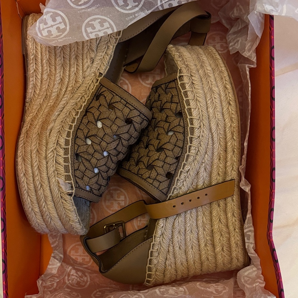 Tory Burch Tan and Brown Espadrille Wedges